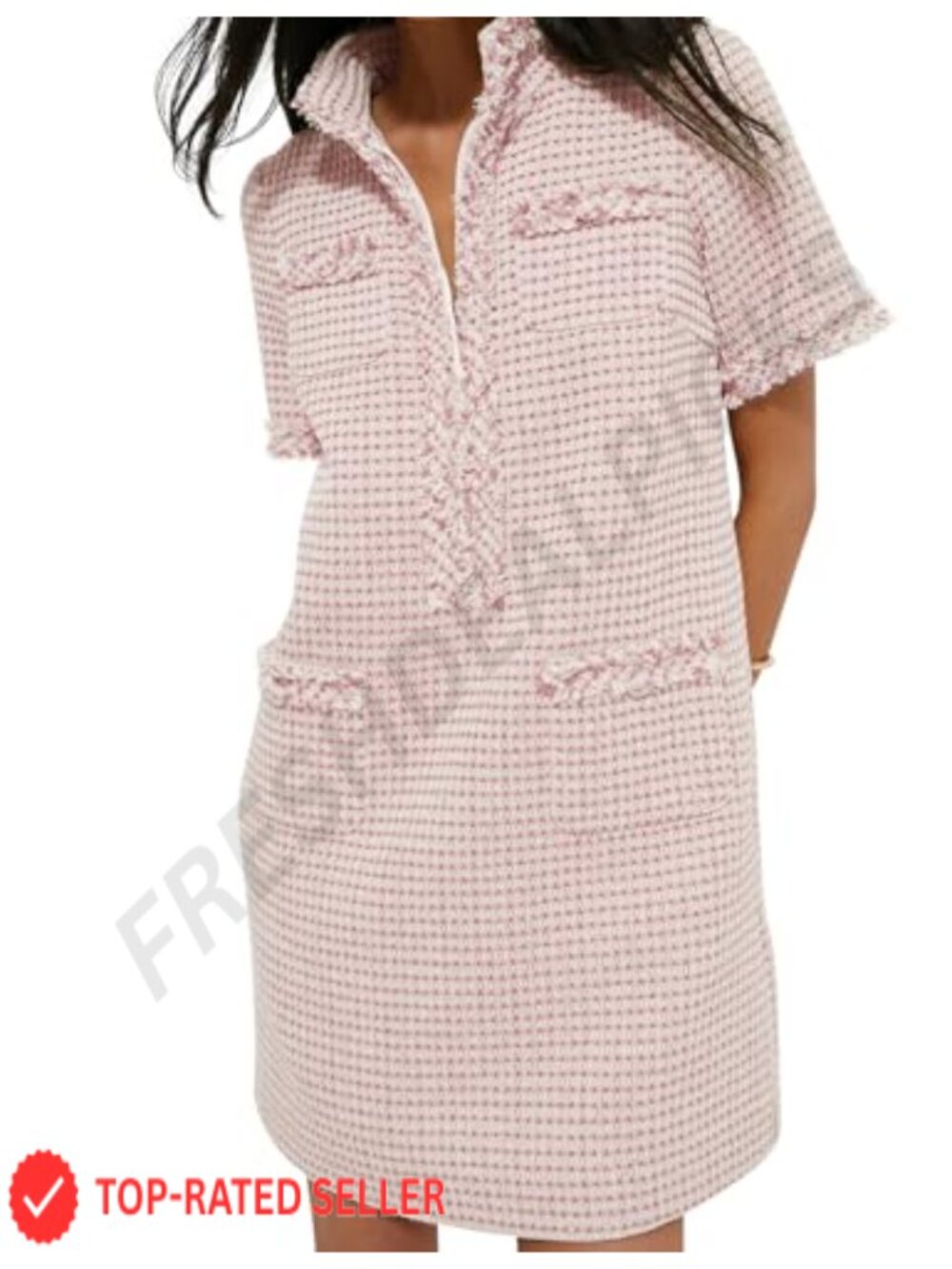 Tweed Mini Dress V Neck Short Sleeve Business Shift Work Casual